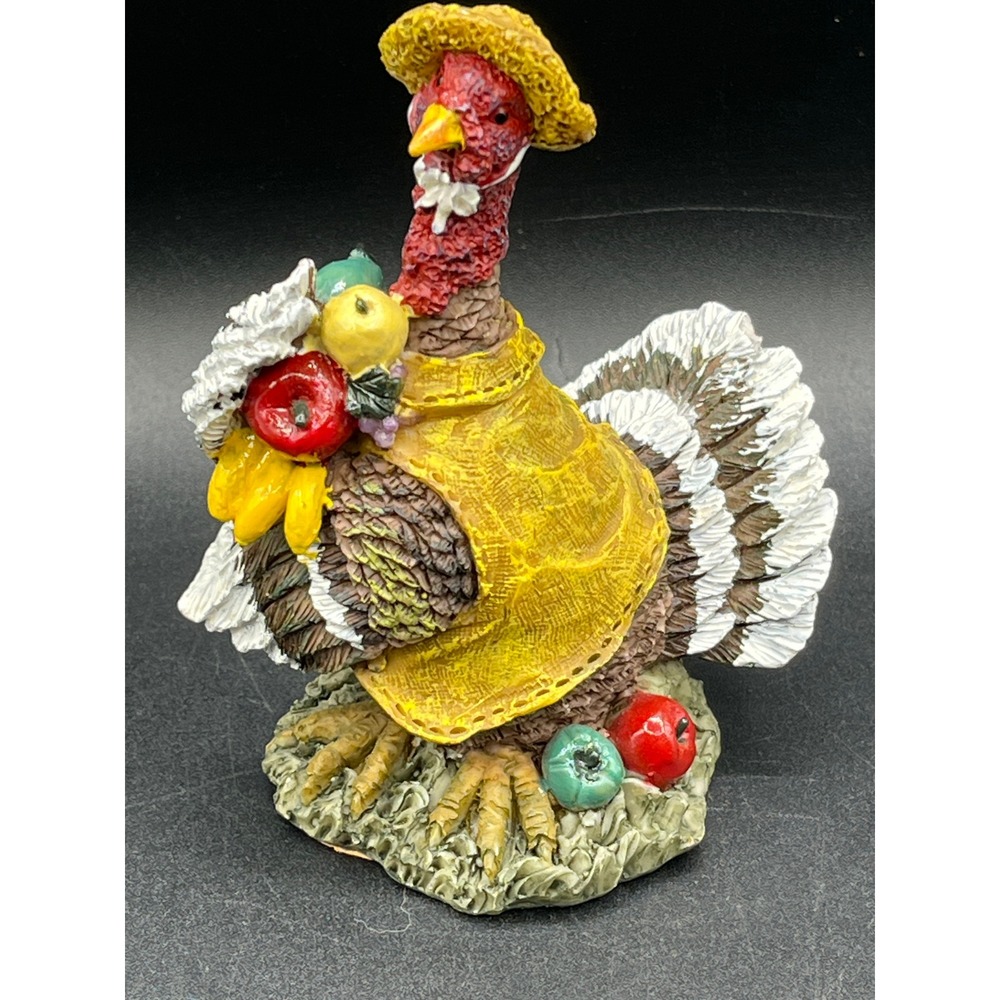 Thanksgiving Turkey Figurine Harvest Fruit Hat Resin Fall Decor 4.75" 1990s